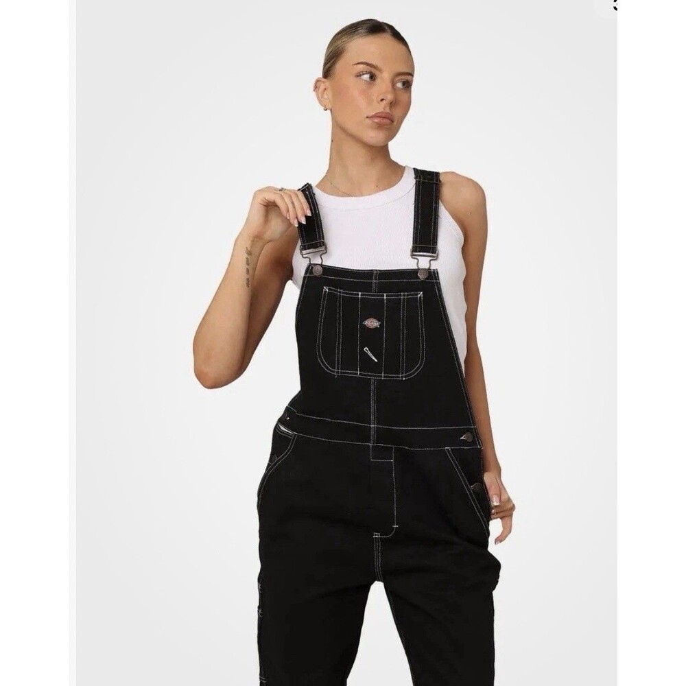 Dickies Women’s Black Contrast Stitch Carpenter Bib Overalls Cotton Medium - Picture 3 of 10